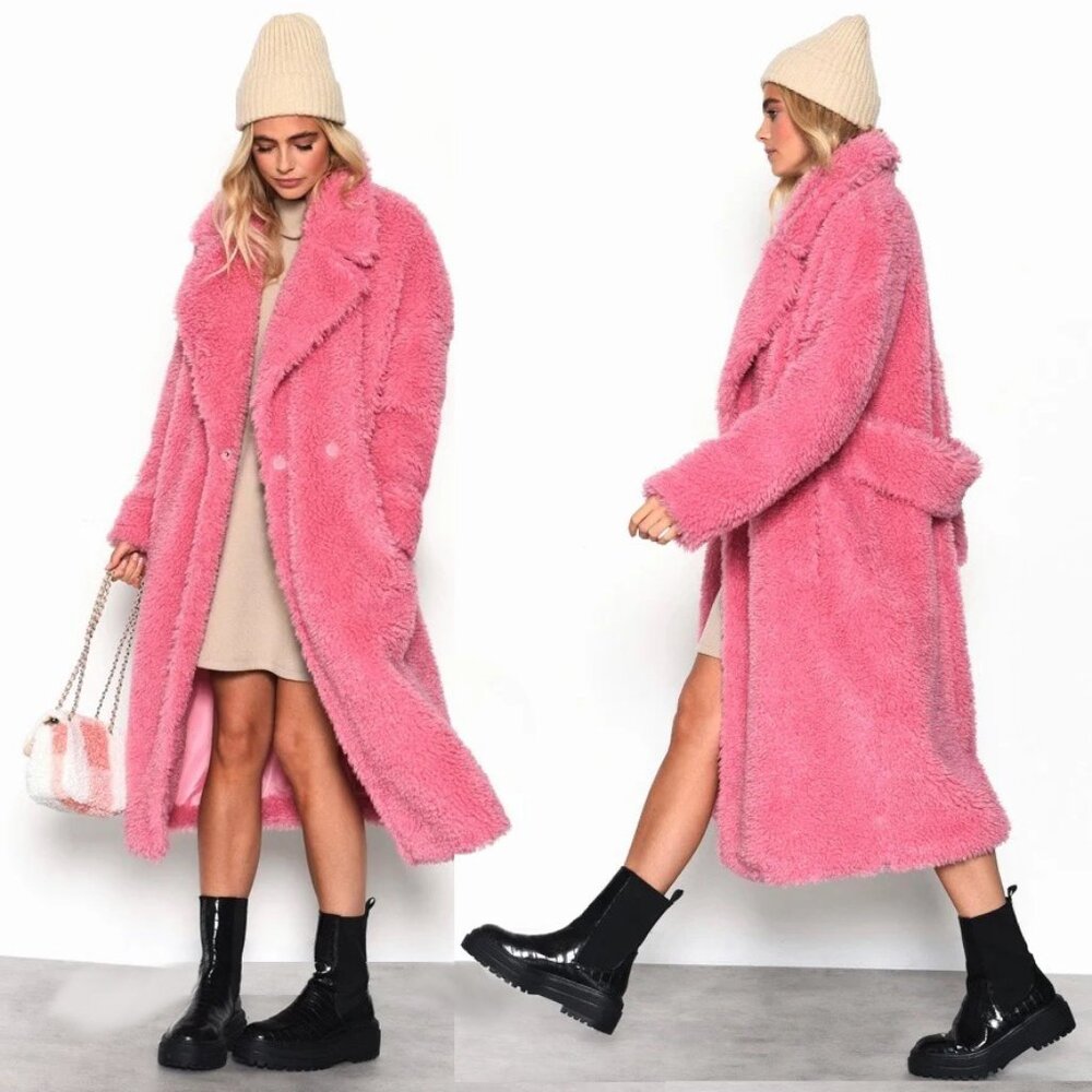 💋UBER GORGE💋 Luxurious Double Breasted Midaxi Faux Shearling Coat in Pink